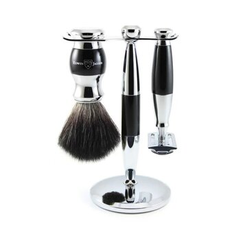 Set Classic Razor, Shaving Brush Synthetic Fibre and Stand, Edwin Jagger, Black