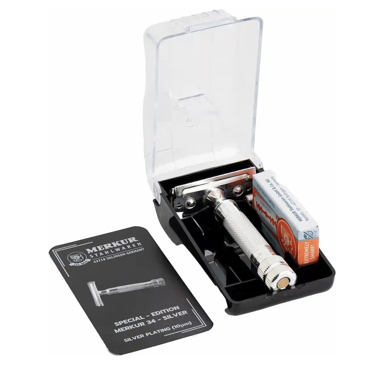Merkur SAFETY RAZOR 34S, silver−plated (10μm), in plastic box with 10 blades 