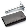 Merkur TRAVEL RAZOR 46C, HANDLE ALUMATT IN BLACK LEATHER CASE WITH A PACK OF BLADES 