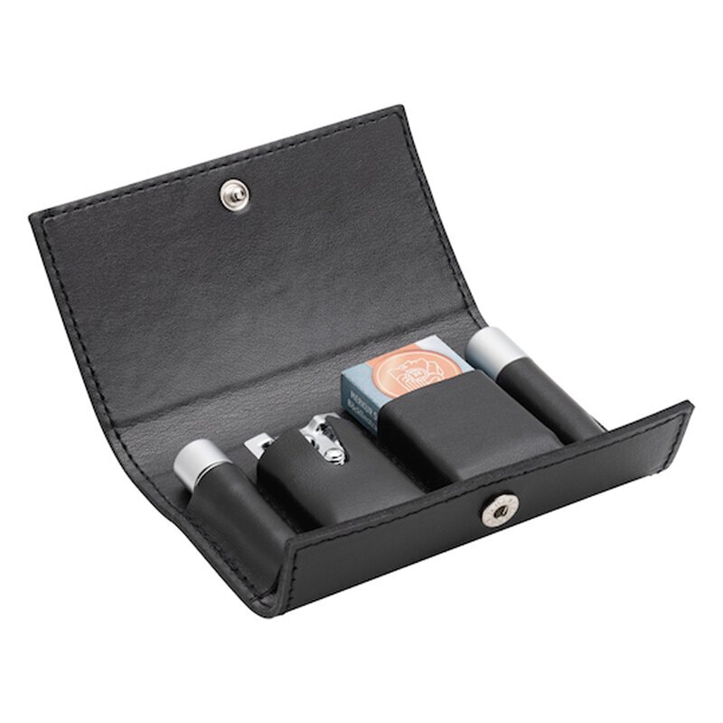 Merkur TRAVEL RAZOR 46C, HANDLE ALUMATT IN BLACK LEATHER CASE WITH A PACK OF BLADES 