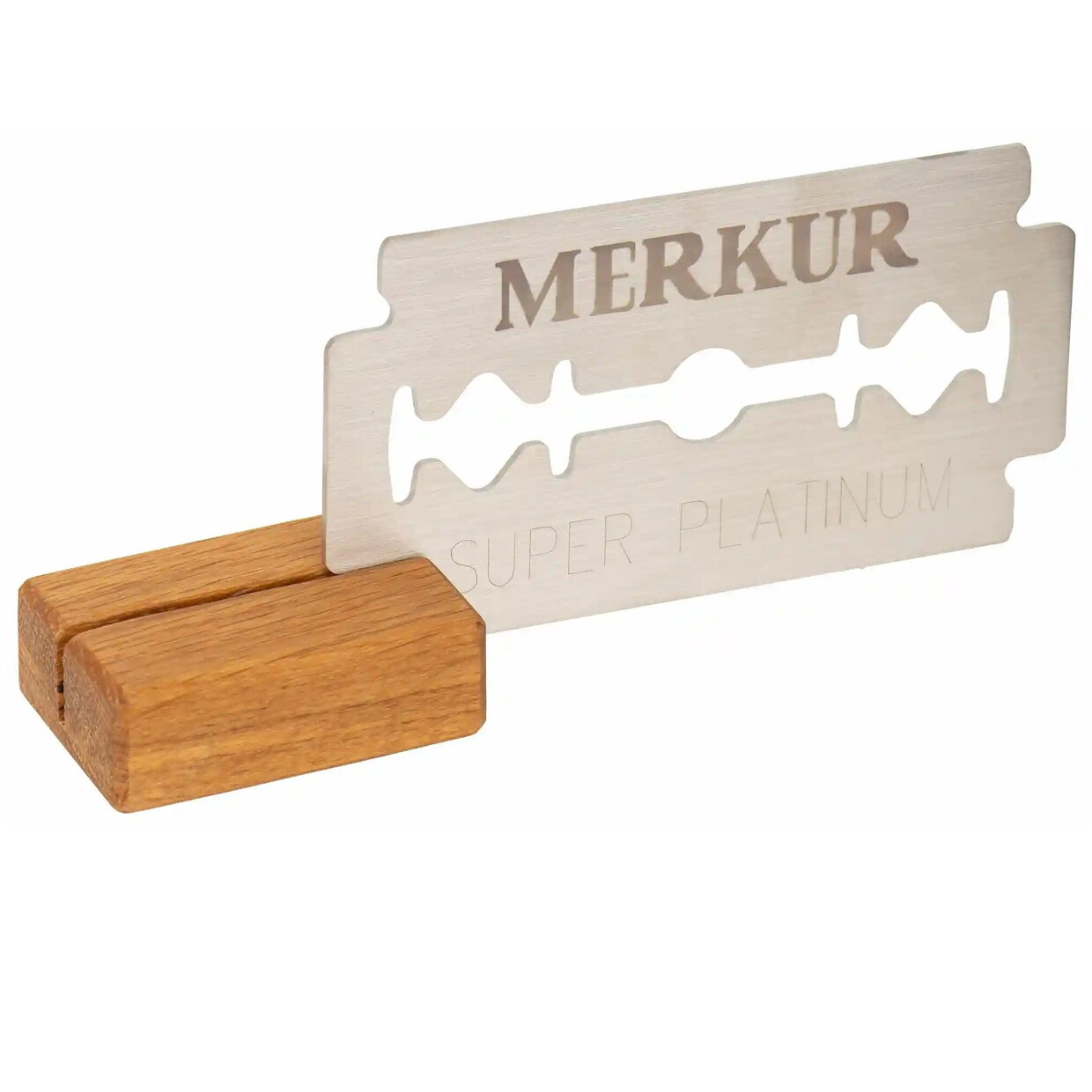 Merkur decorative razor blade, 150 x 77 mm, stainless steel with 1 wooden stand 