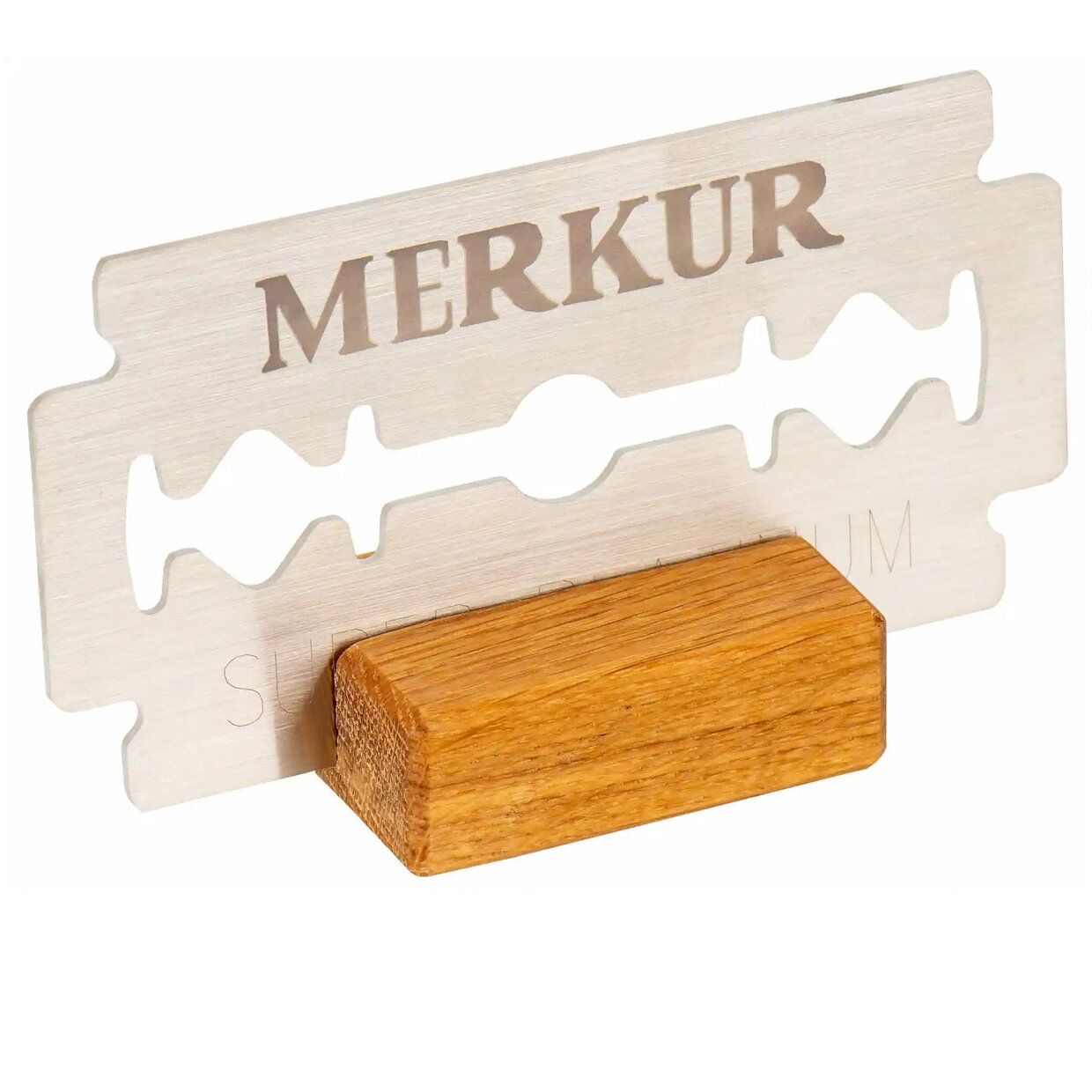 Merkur decorative razor blade, 150 x 77 mm, stainless steel with 1 wooden stand 